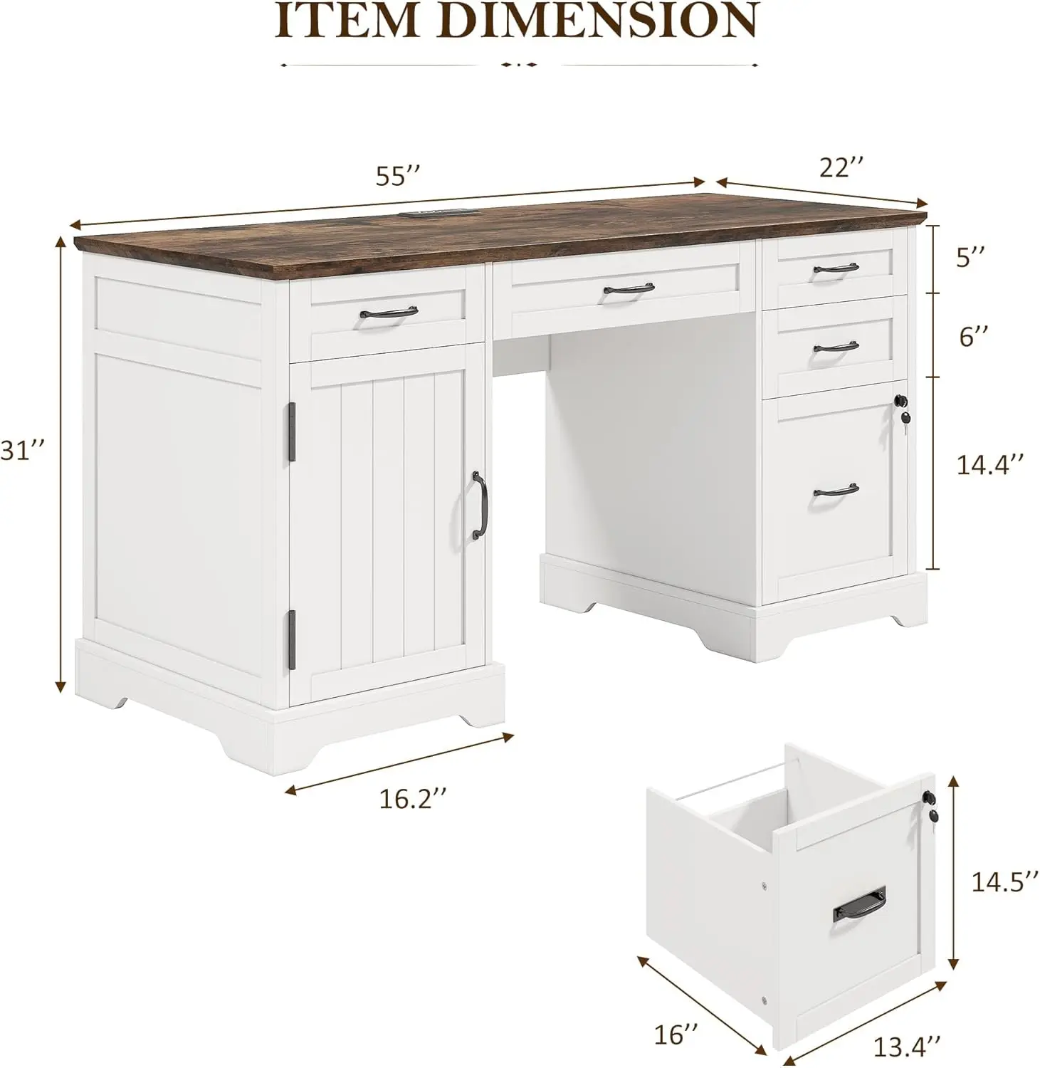 Alohappy 55'' Farmhouse Executive Desk, โต๊ะทํางานที่บ้านพร้อมลิ้นชัก, โต๊ะคอมพิวเตอร์ไม้พร้อมตู้เก็บเอกสารและปลั๊กไฟ,