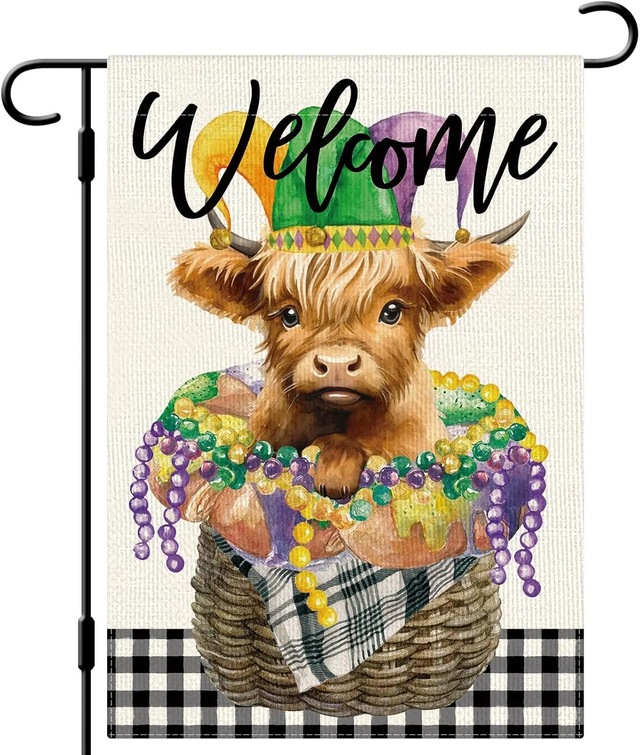 DLZDN Mardi Gras Highland Cow Garden Flag New Orleans Carnival Garden Flag 12×18 Inch Double Sided Vertical Burlap Farmhouse uui