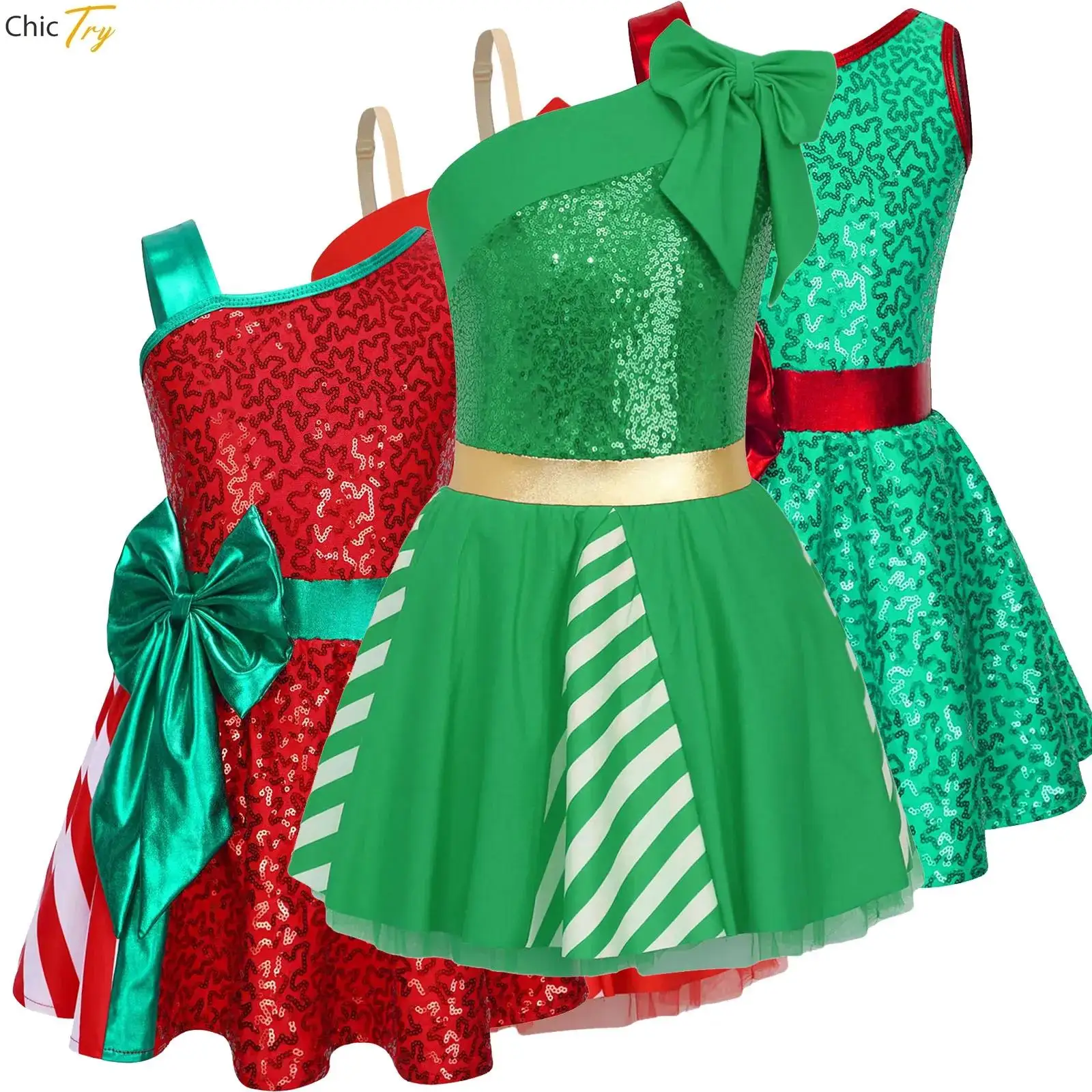 Crianças meninas natal doce cana listrado dança traje sem mangas grande bowknot ballet collant patinação artística girando tutu vestido