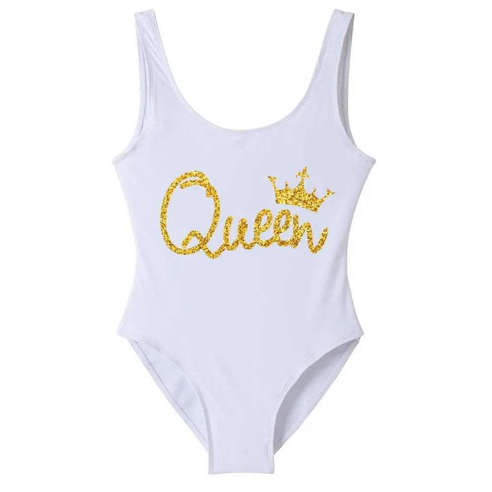 

Party Queen &Slay Swimwear Glitter Gold Hot Pink Printing One Piece Swimsuit Women Bathing wear Bathing Suit Swimsuits