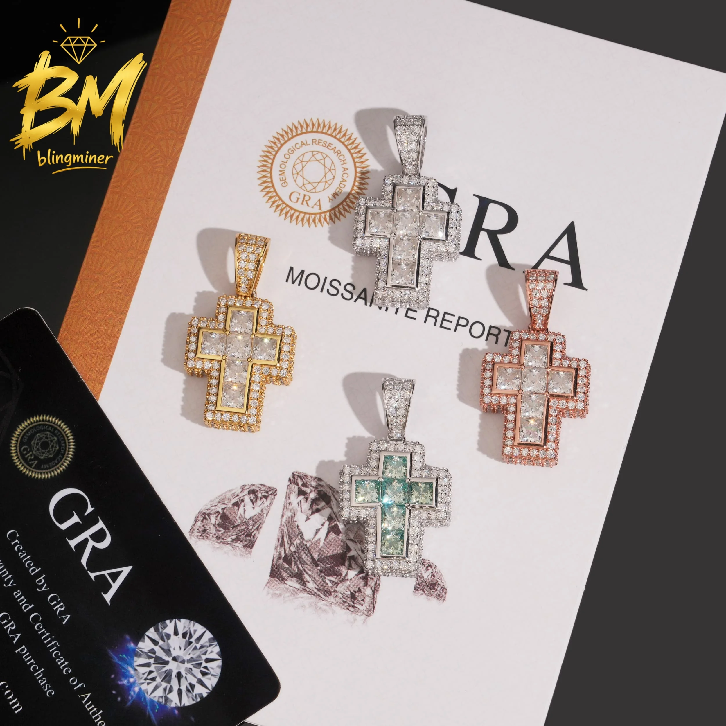 Blingminer Princess Cut Hip Hop Cross S925 Silver VVS Moissanite Pendant For Men Women Pendants Jewelry Pass Diamonds Tester GRA