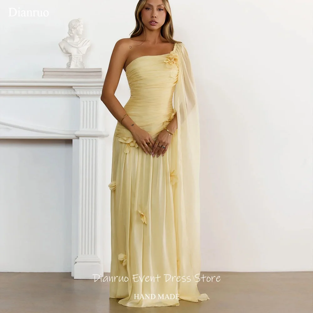 

Dianruo Yellow One Shoulder Evening Dresses Chiffon 2026 Party Gowns Pleated 3D Floral Appliqués Dresses For Women Customized