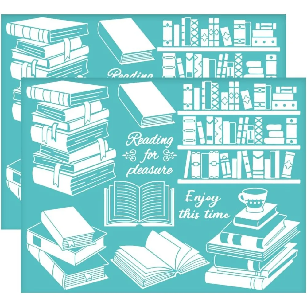 2Pcs 11x8.6 Inch Book Theme Self-Adhesive Silk Screen Printing Stencil Bookshelf Silk Screen Stencil Enjoy Reading making kit