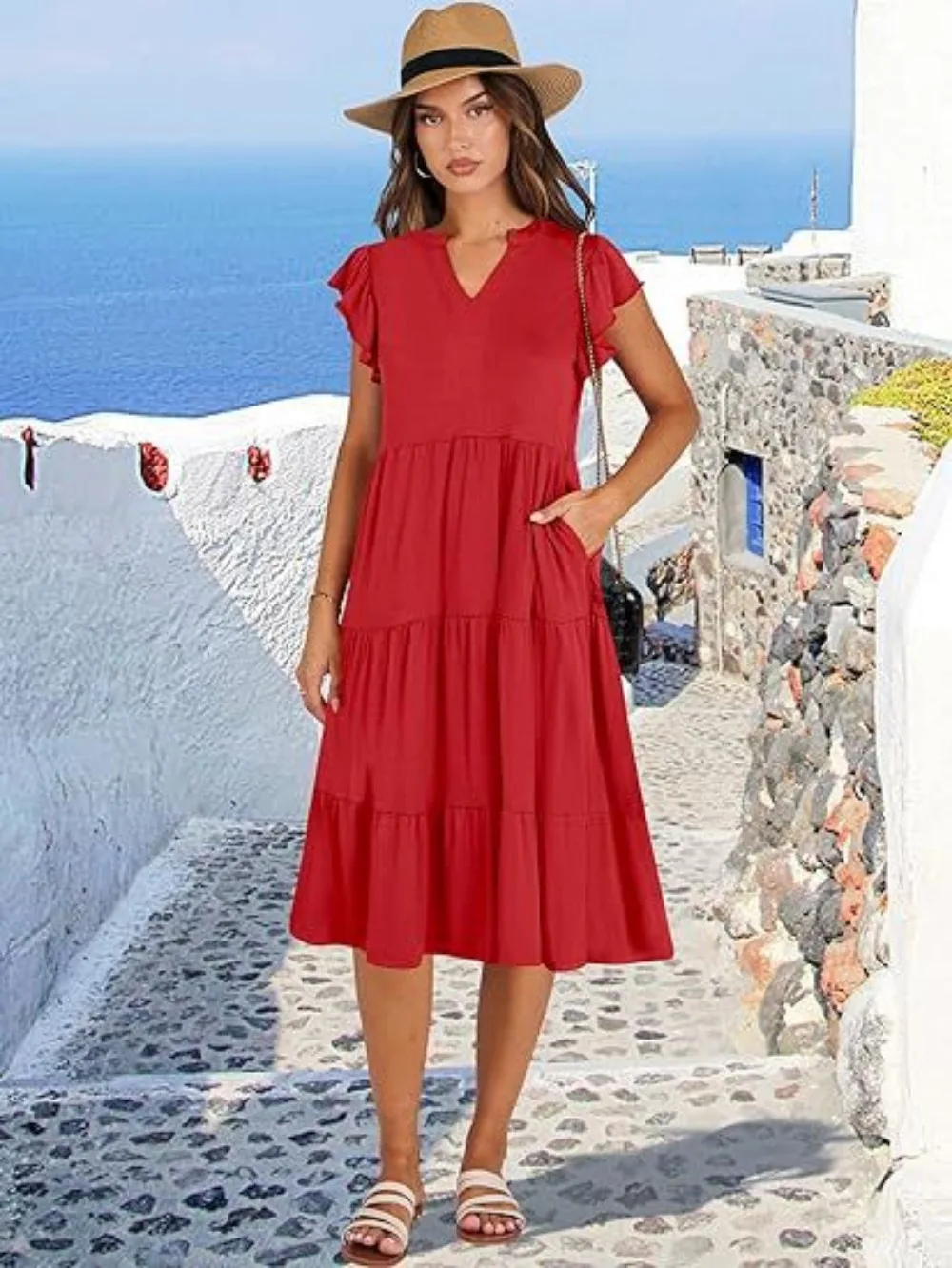 Womens Summer Dress Ruffle Sleeve V Neck Midi Dresses Fashion Casual Fit Flowy Tiered Boho Beach Vacation Sundress