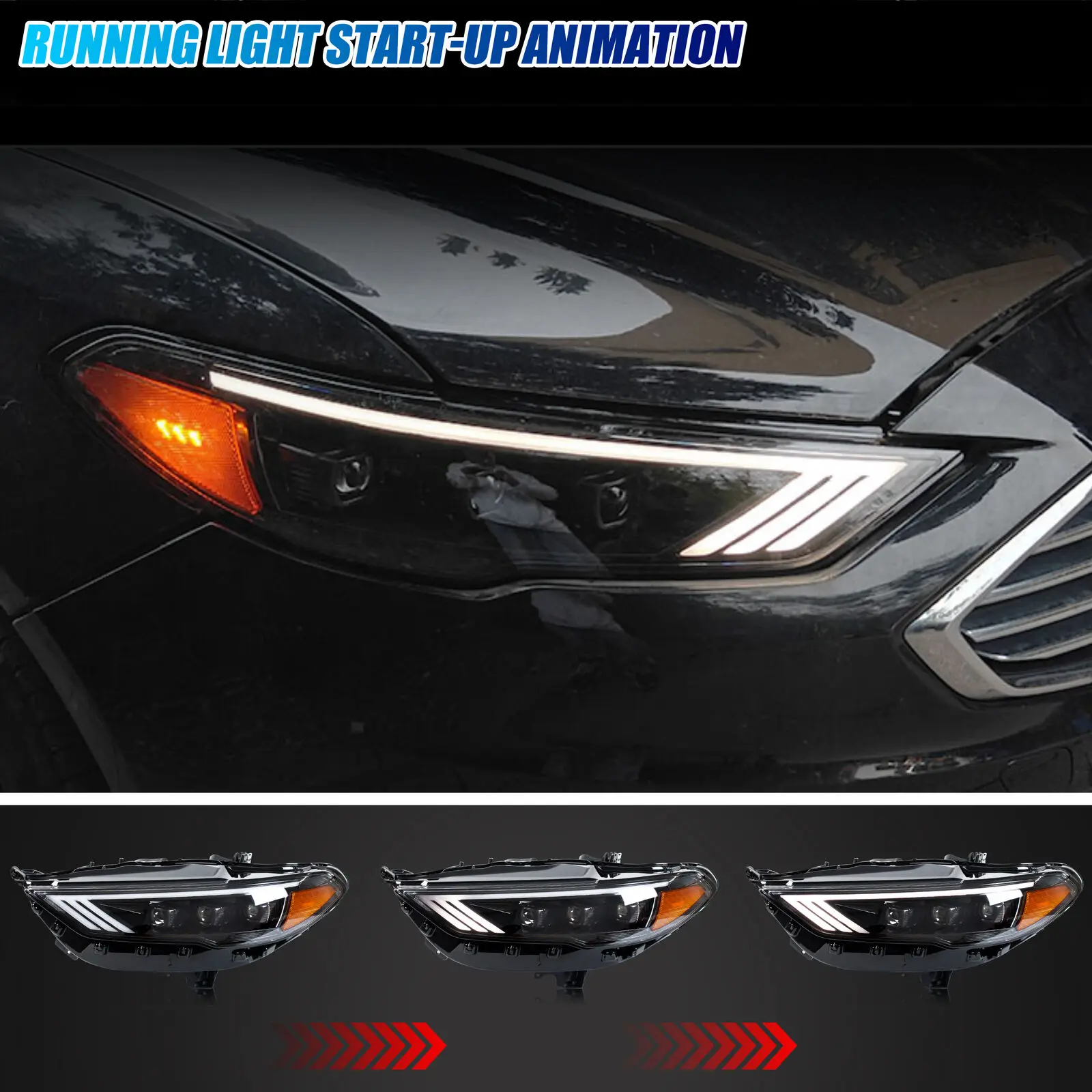 المصابيح الأمامية LED لفورد فيوجن مونديو 2017-2020 S SE التيتانيوم الرياضة DRL العارض متتابعة بدوره إشارة مجموعة المصابيح الأمامية #3