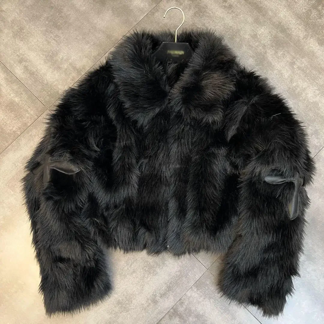 2024 Winter Women Cotton Jacket Lapel Long Sleeve Patch Cross Short Fur Coat Black