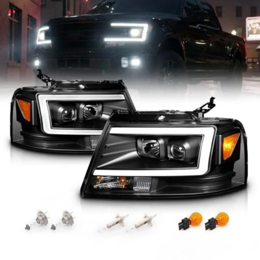 

2004-2008 F0rd F-150 C-Type LED Tube Square Black Projector Headlights Assembly Pair Driver Passenger