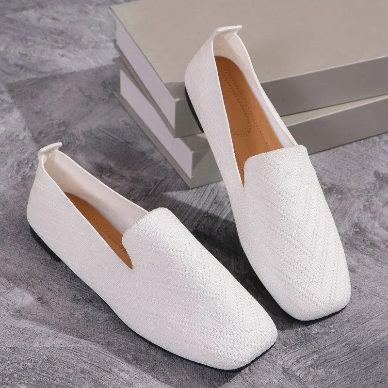 2024 Solid Color Square Toe Mesh Loafers Shallow Women Flats Shoes Soft Bottom Knit Ballet Flats Shoes Casual Slip on Shoes