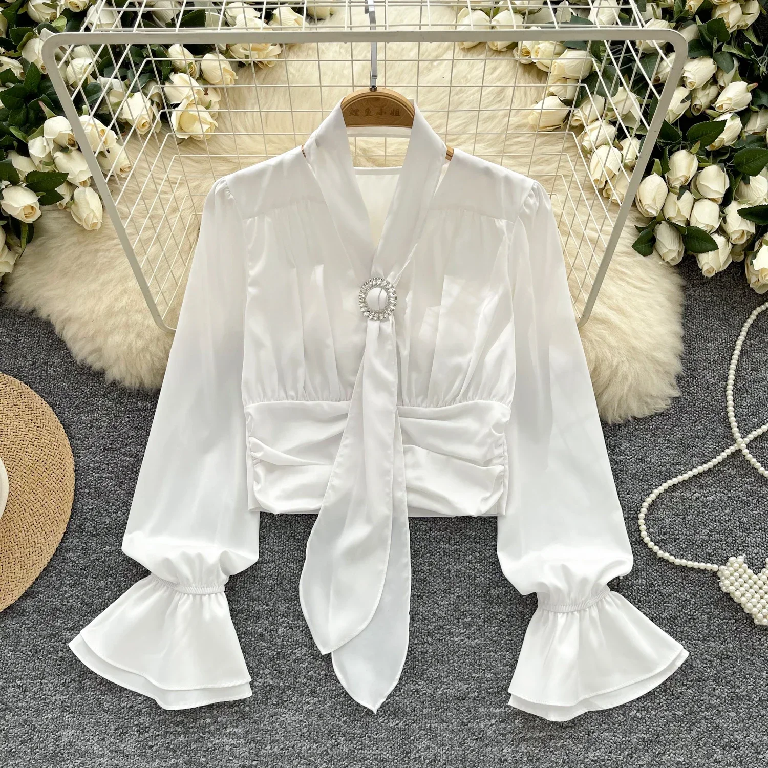 Vintage Halter Slim Riddons Chic Pleated Basics Long Flare Sleeve Satin Top Korean Women Streetwear High Street Autumn Blouse