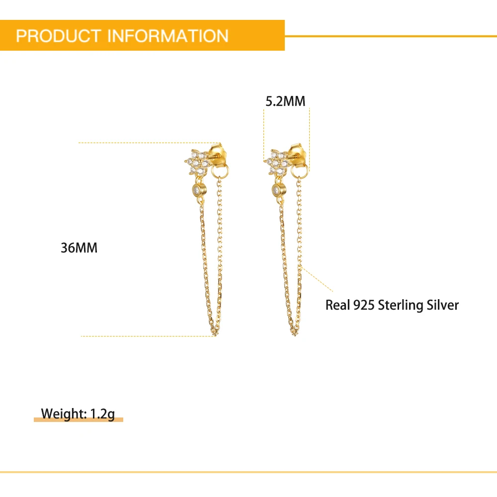 925 Silver Boho CZ Flower Chain Dangle Earrings Zircon Stars Gold Plated Filled Dangle Tassel Stud Earrings Jewelry