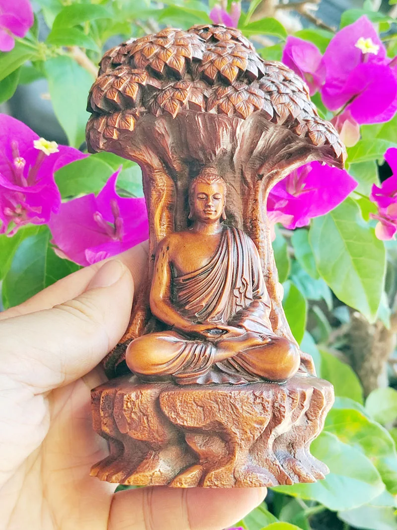 BY234 - 14.5 X 8 X 6 CM Boxwood Carving Figurine : Ru Lai Buddha Under Tree