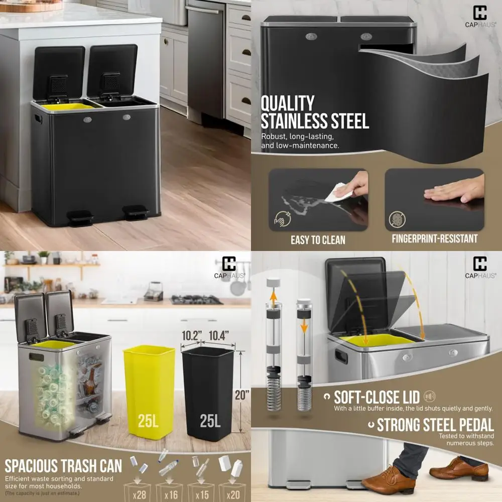 

Hands-Free Dual Stainless Steel Trash Can with Double Lid, Kitchen Waste and Recycling Bin Combo, Space-Saving Design