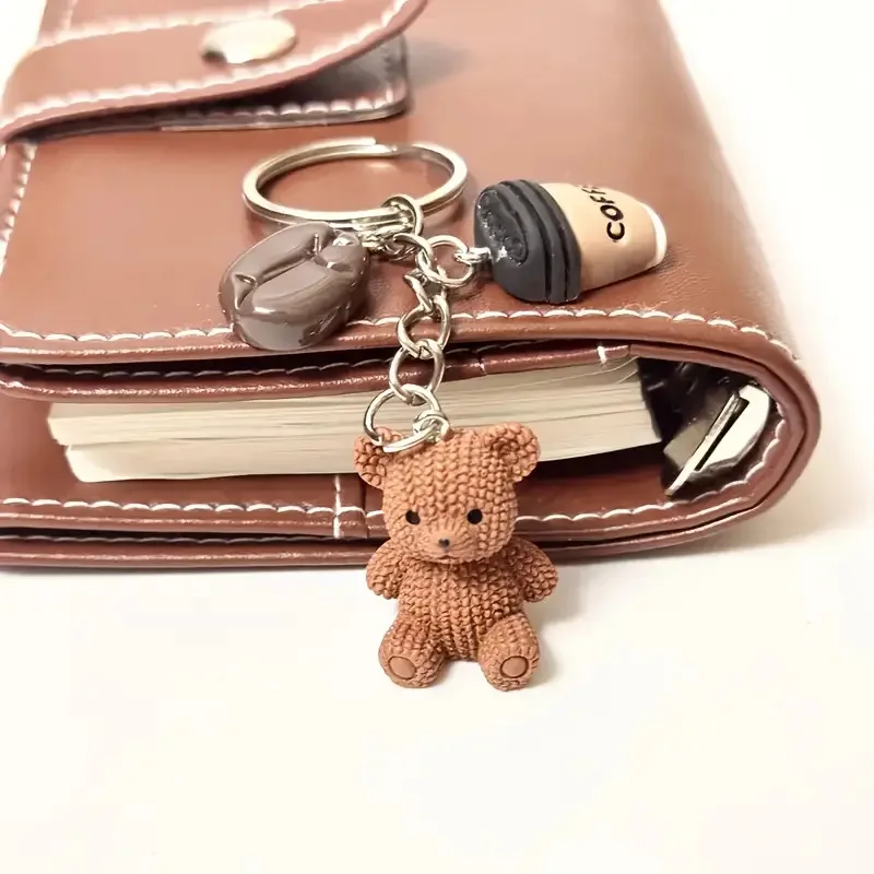 Cute Teddy Bear Coffee Keychain 3D Resin Bear with Coffee Cup Bean Charm Key Ring Bag Pendant for Women Girls Gift Accessories view 3