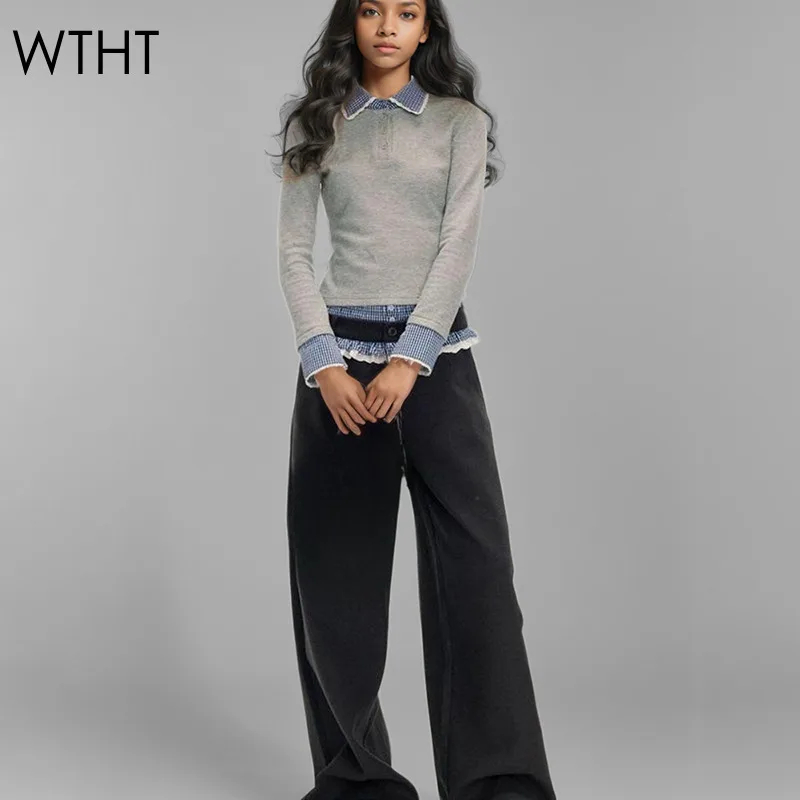 WTHT Fashion Women's Patchwork Plaid Fake Two-piece Shirt Wrinkled double Waist Straight Pants Female 2024 Winter 1LS005