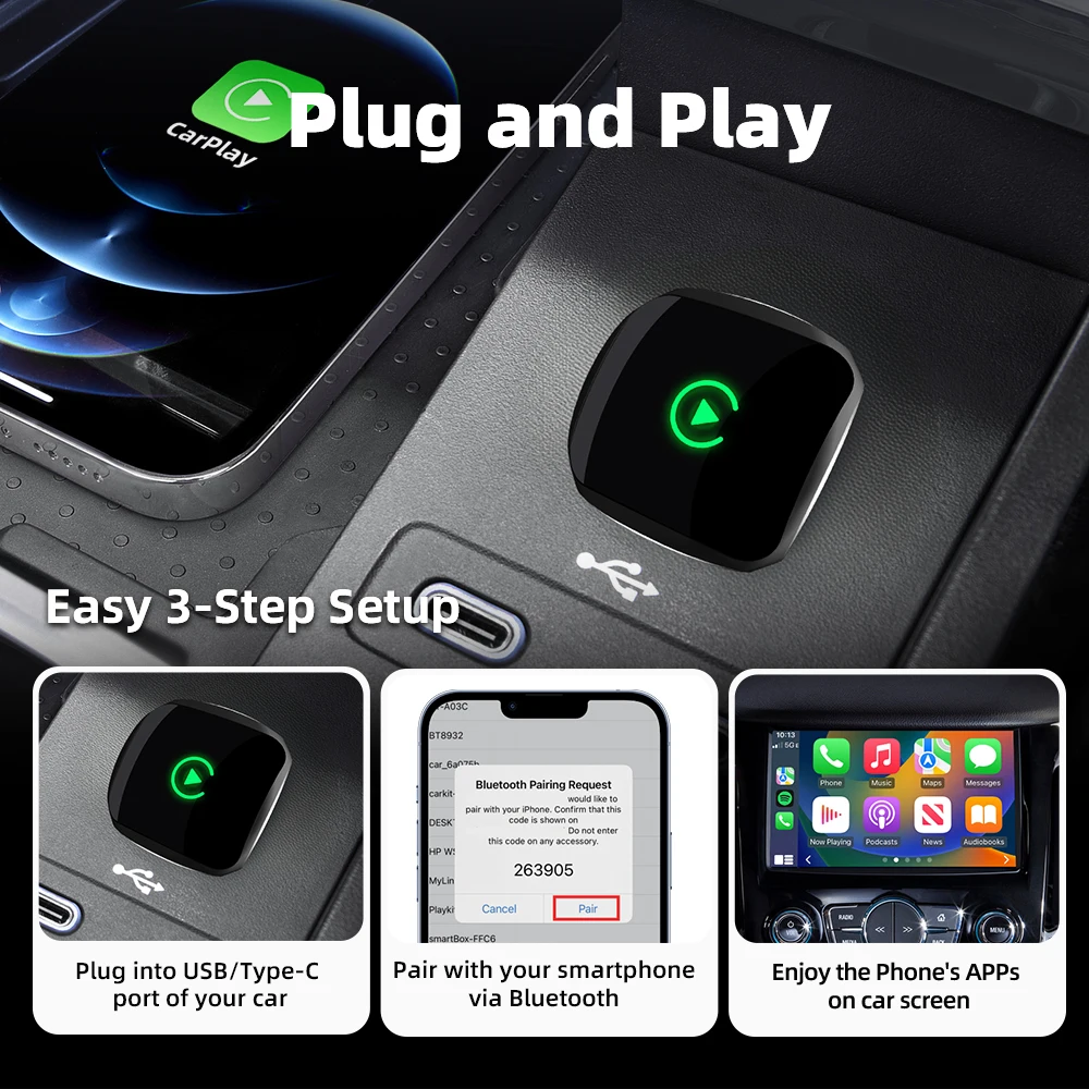

Новый 2-в-1 проводной к беспроводному Carplay Android Auto Bt 5.2 5Ghzwifi поддерживает онлайн-обновление автомобильного мини-беспроводного адаптера Magic Box
