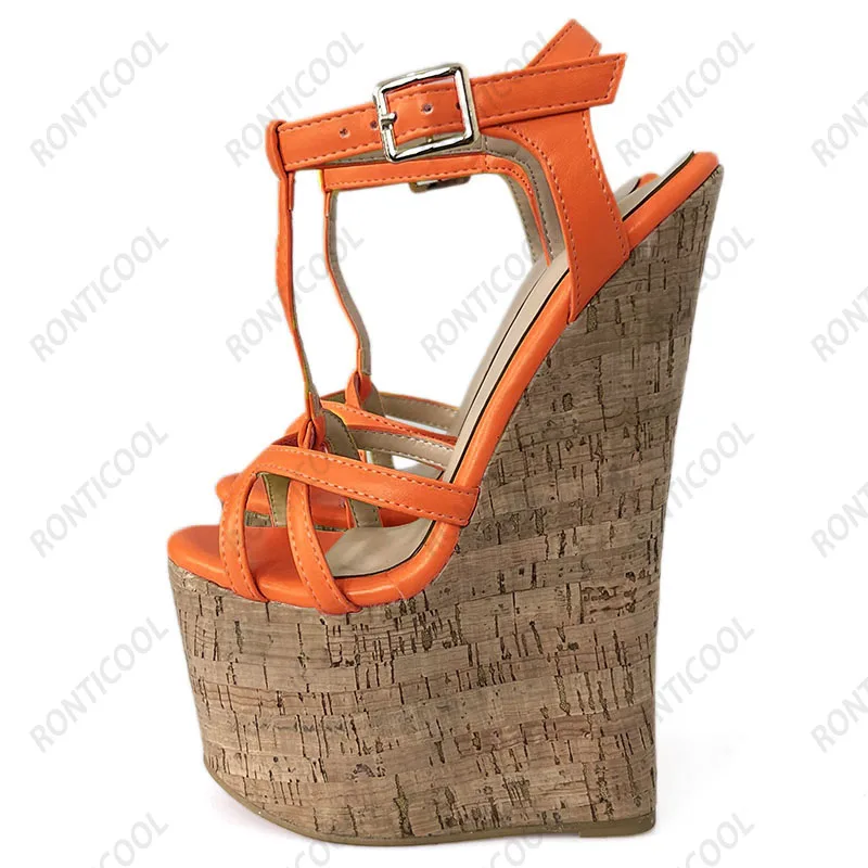 Ronticool Handmade Women T-strap Sandals Ultra High Wedges Heels Round Toe Classics Black Dress Shoes Ladies US Plus Size 5-15