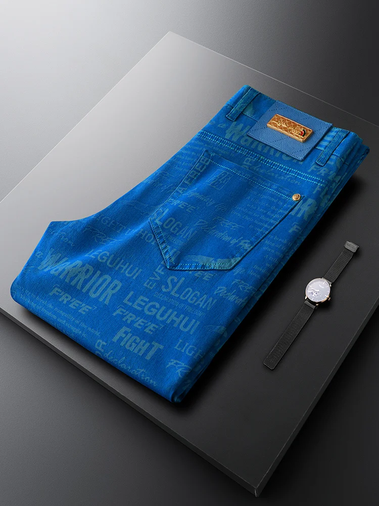 

Luxury Blue Men's Jeans Faionable Personali Print Casual Pants Slim Straight Long Trousers Trendy mid Waist Cotton