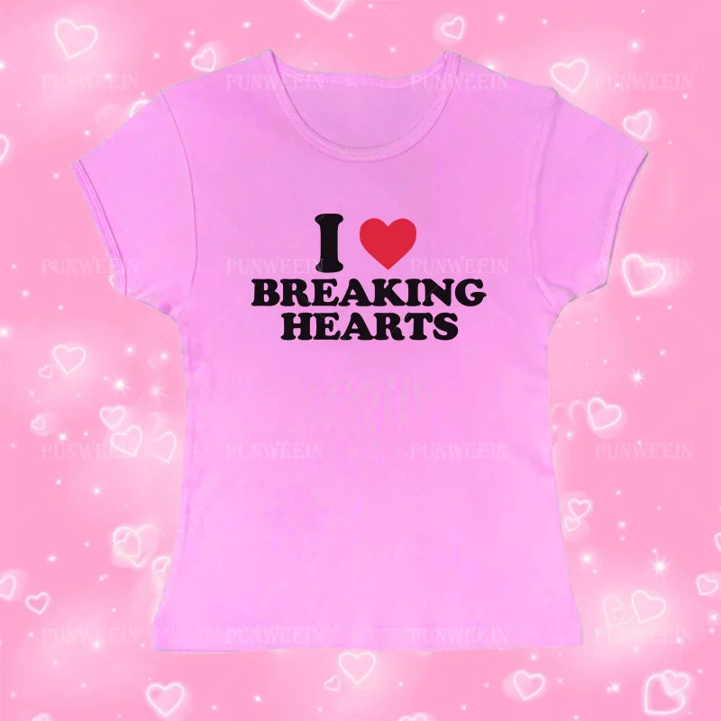 Y2k Crop Top I LOVE BREAKING HEARTS Print Fairycore Goth Baby Tees Women Aesthetic Graphic Short Sleeves Top Vintage Streetwear