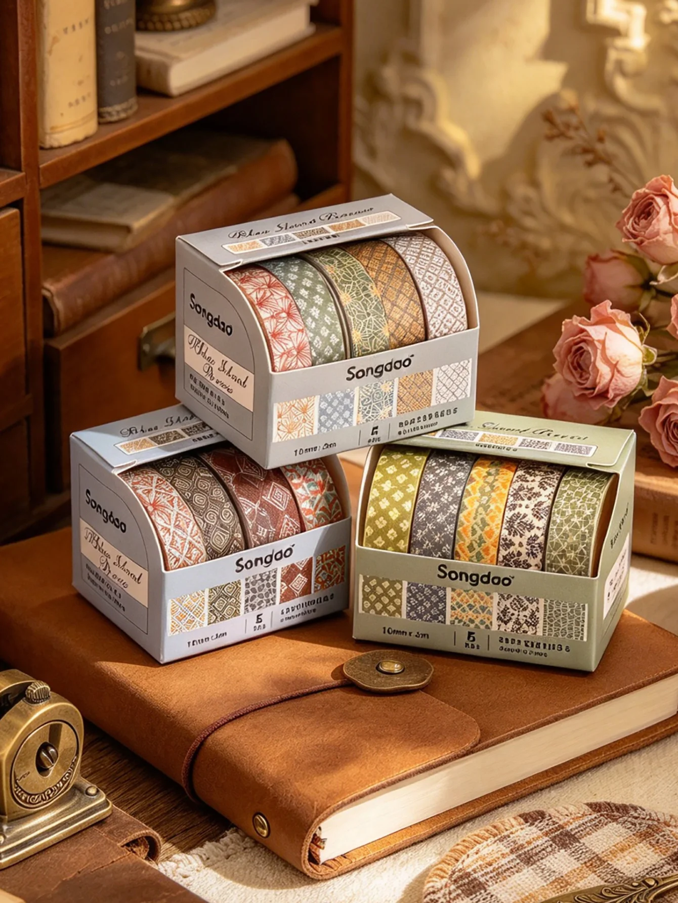 5 Rolls/Box 10mm x 2m Vintage Geometric Washi Tape Set Decorative Paper Masking Tape for Journaling Scrapbooking Planners
