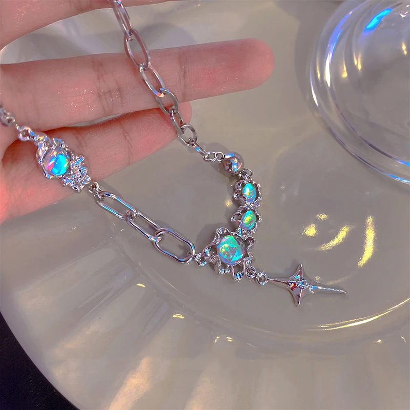 JWER Trendy Bling Moonstone Star Cross Pendant Necklace for Women