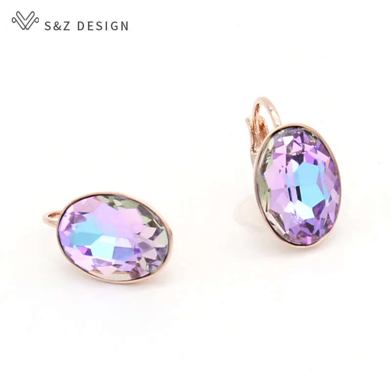 S&Z DESIGN New Trendy Elegant Big Oval Egg Shape Crystal Dangle Earrings For Women Wedding 585 Rose Gold Color Jewelry