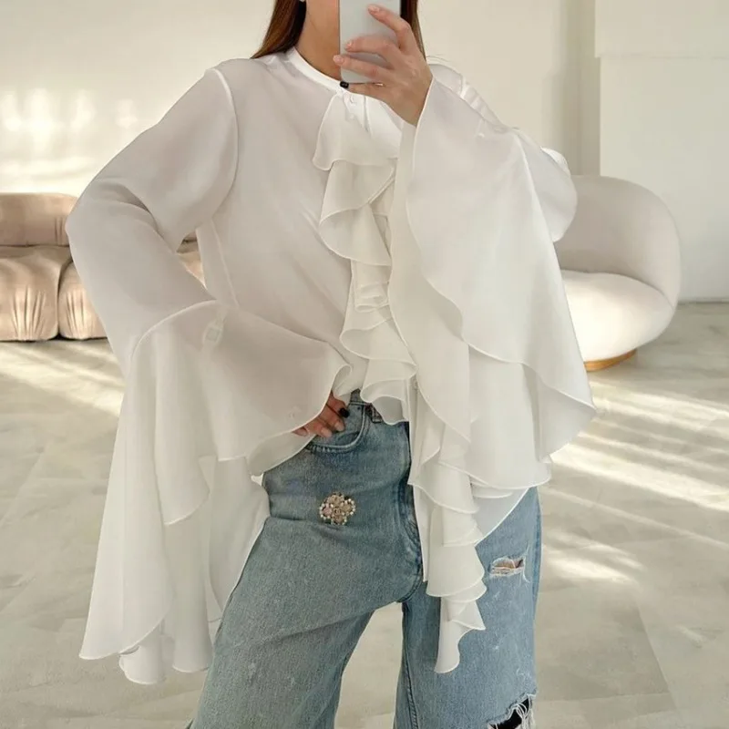 Women\'s White Fashion Loose Ruffled French Shirt Temperament Summer Women Patchwork Lace Flared Sleeves Elegant Chiffon Blouses