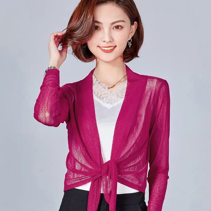 Chaqueta de protección solar de manga larga para mujer, cárdigan de encaje de malla, chal de tinta, camisa elegante, prendas de vestir exteriores, Y469