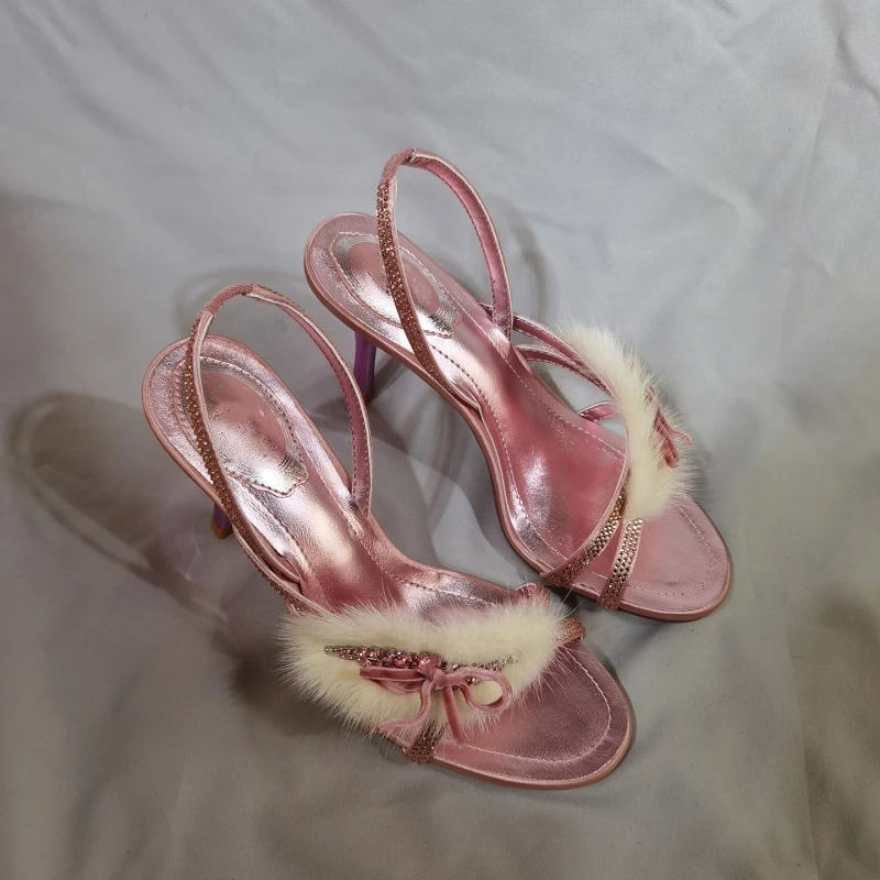 

New Summer Women's High-Heeled Sandals, Mink Fur Sandals, Banquet Party Open Toe High Heels, Rhinestone Pink Slippers