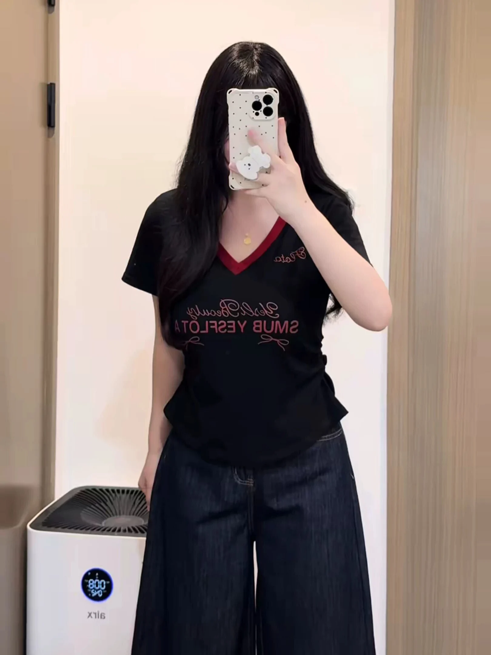 

plus Size American Contrast Color V-neck Printed Short Sleeve T-shirt Women's Summer New Style Slimming Top High Waist