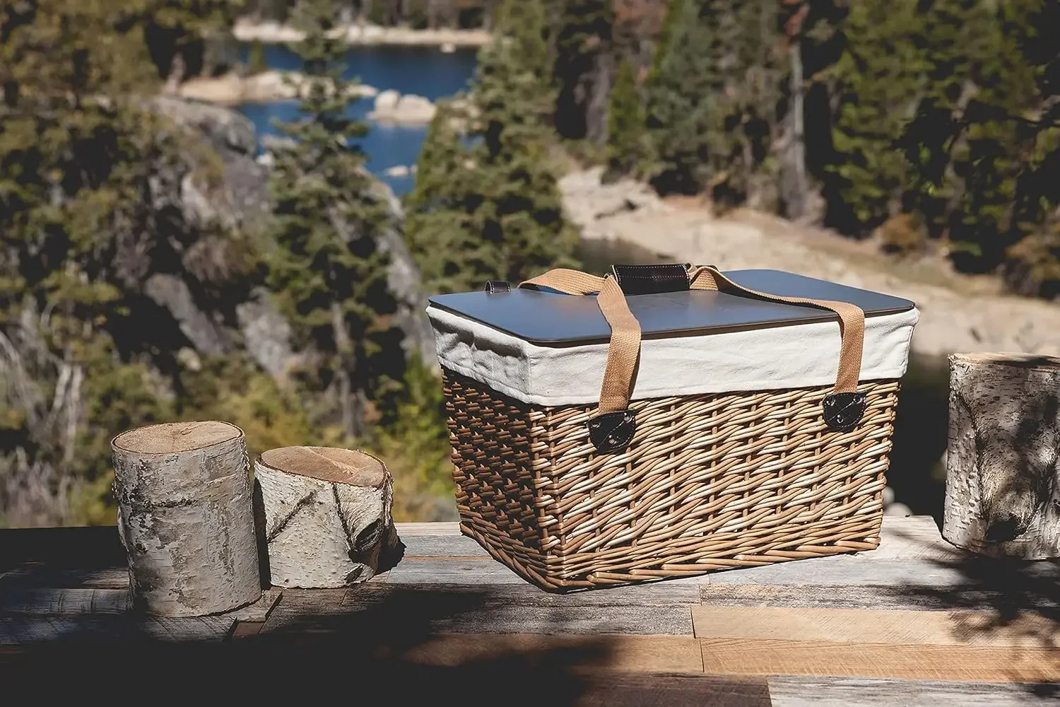 Canasta Wicker Picnic Basket With Lid, Small Picnic Basket For 2, Beige Canvas With Red & White Gingham Pattern Lid