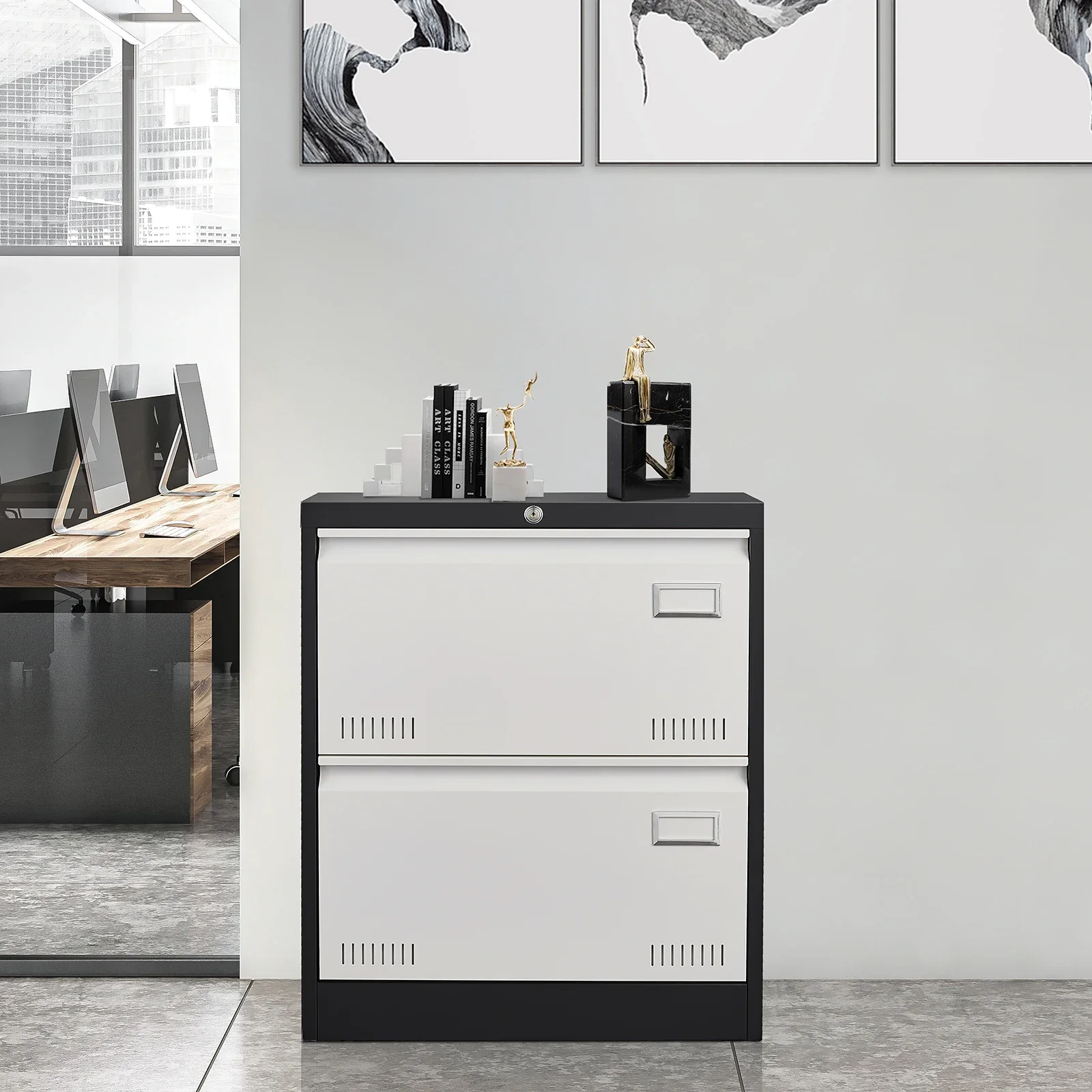 

Black And White Color 2 Drawer Lateral File Cabinet Metal Filing With Lock Hanging Files Office