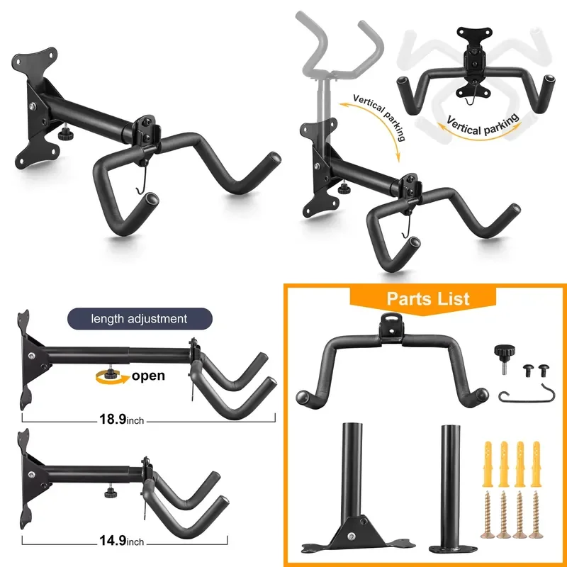 HONGSEN Wall Mounted Horizontal Foldable Steel Bike Rack 30kg Load Capacity Space Saving Indoor Bicycle Storage for 20''-29''
