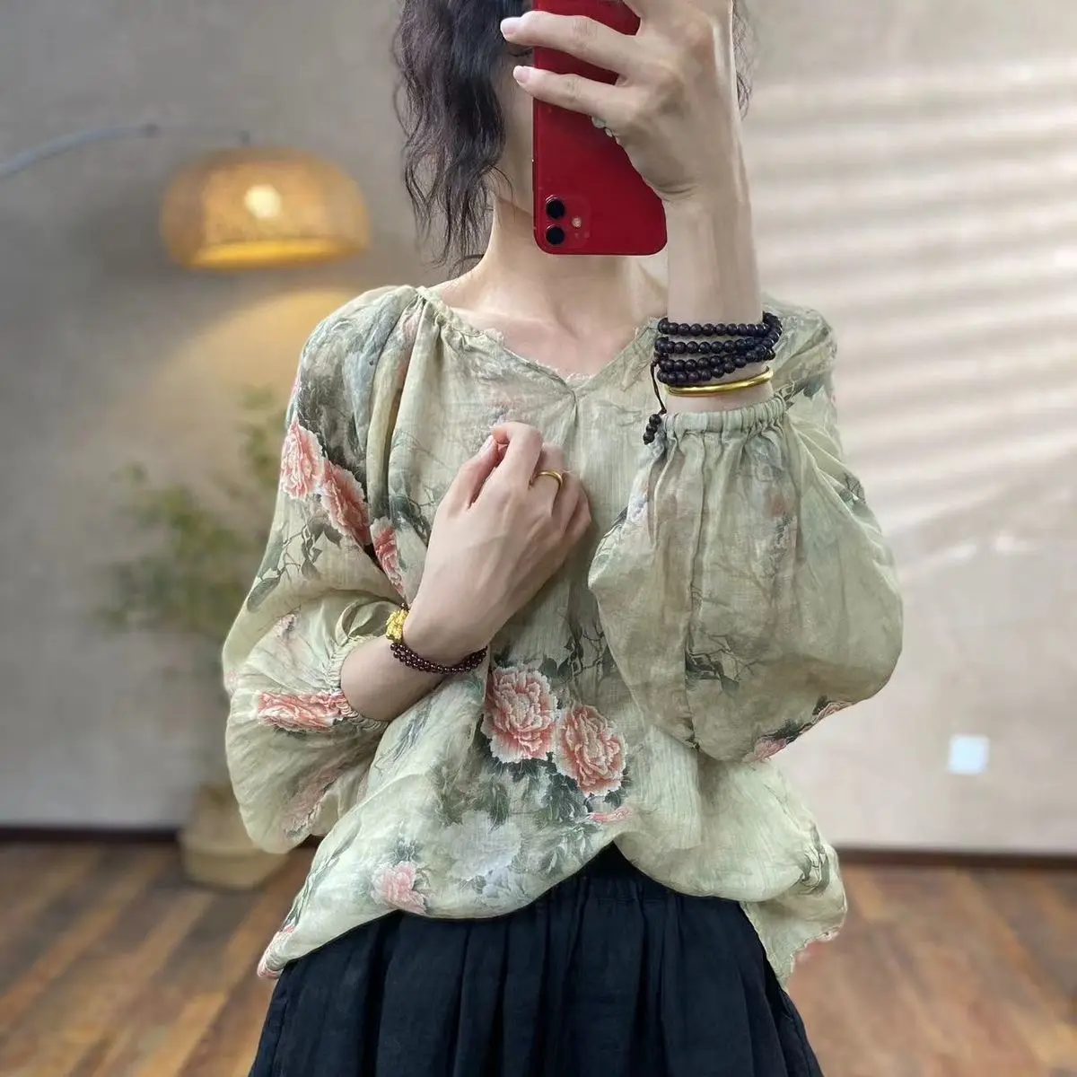 New Chinese Style Peony V-neck Antique Style Cotton and Linen Loose Fitting Shirt for Women's Top Trend