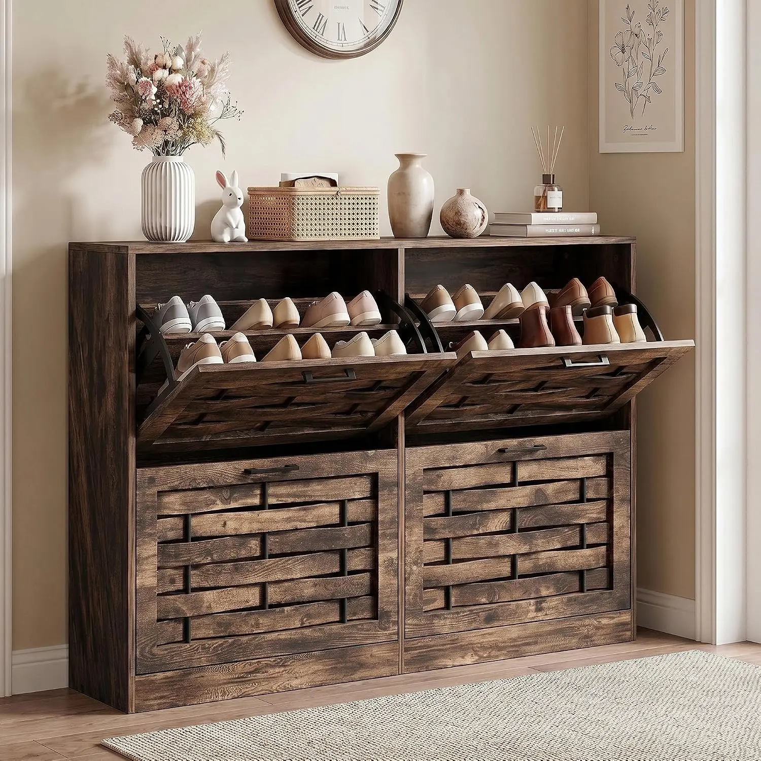 Shoe Cabinet Storage for Entryway with 4 Flip Drawers | Slim Shoe Rack Cabinet with Stylish Handwoven Panel, Farmhouse Shoe Organizer Cabinet for Hallways, Living Rooms Rustic Brown
