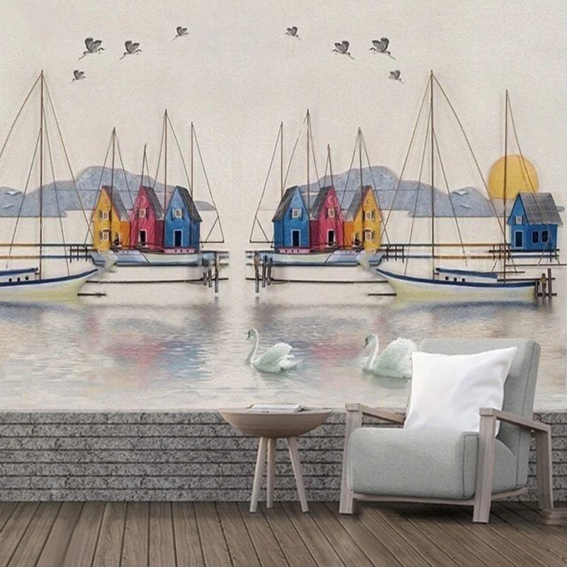 Modern European Minimalist 3D Three-Dimensional Sea Scenery Hand-Drawn Creative Art Rural Countryside Scene TV Pattern