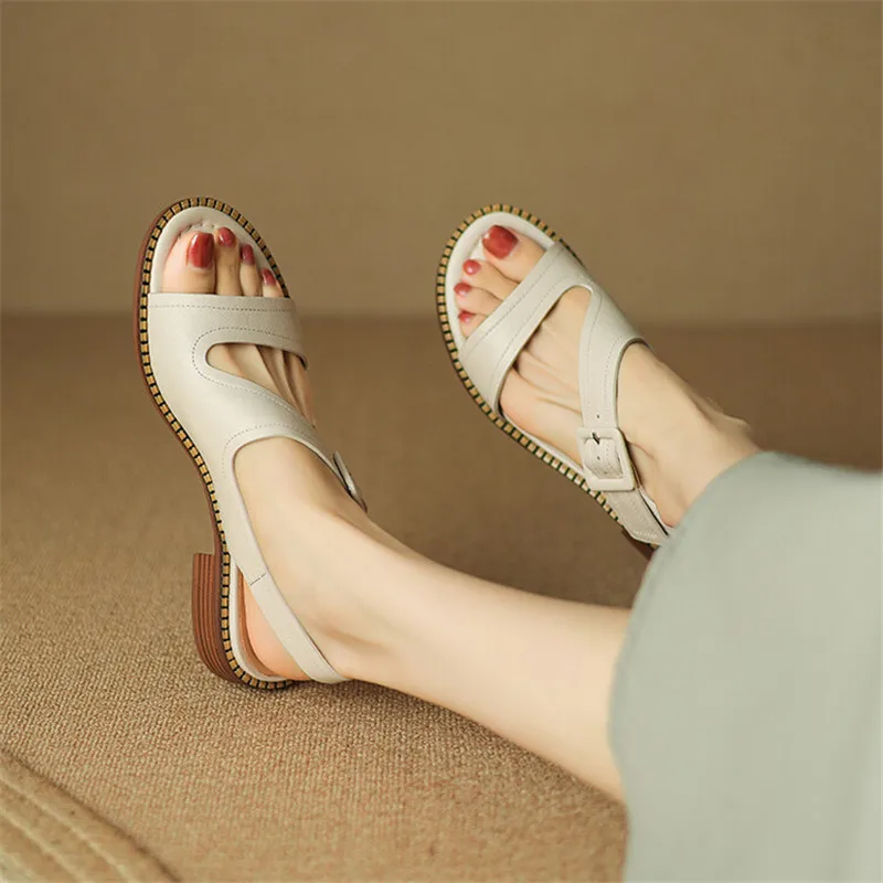 New Genuine Leather Summer Sandals Women Round Toe Shoes Chunky Heel Open Toe Back Strap Sandals for Women Cow Leather Sandals