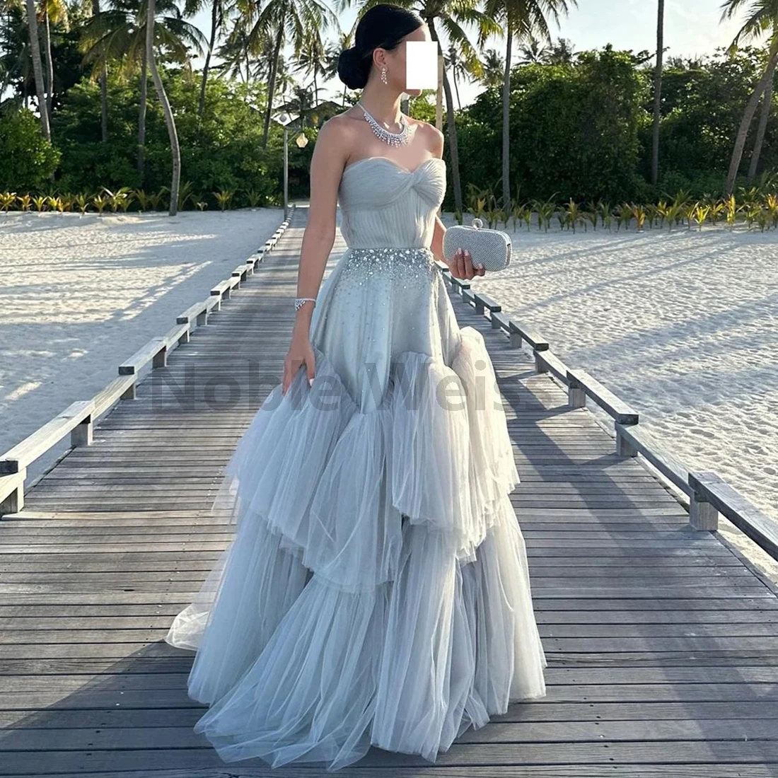 Sweetheart tule beading a linha vestidos de noite babados sem alças vestidos de festa de casamento personalizar