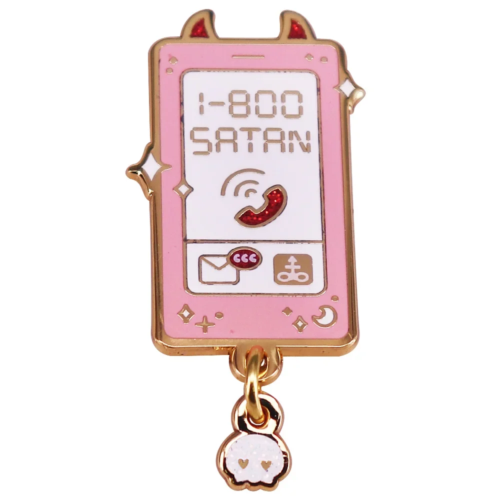 Süße Satan Hotline Revers Brosche Spoopy Okkult Charm Kawaii Telefon Glitzer harter Totenkopf Anhänger Halloween Emaille Pin Metall Geschenk