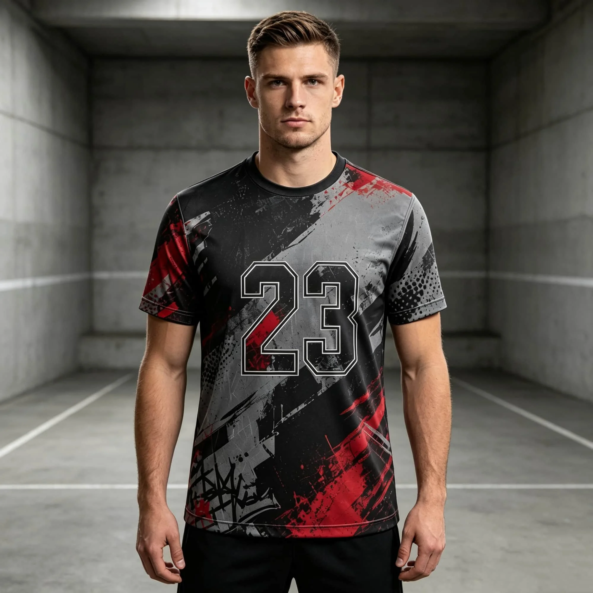 Men Athletic Short Sleeve T‑Shirt Distressed Graffiti Number 23 Print Jersey Breathable Round Neck Basketball Training Tops