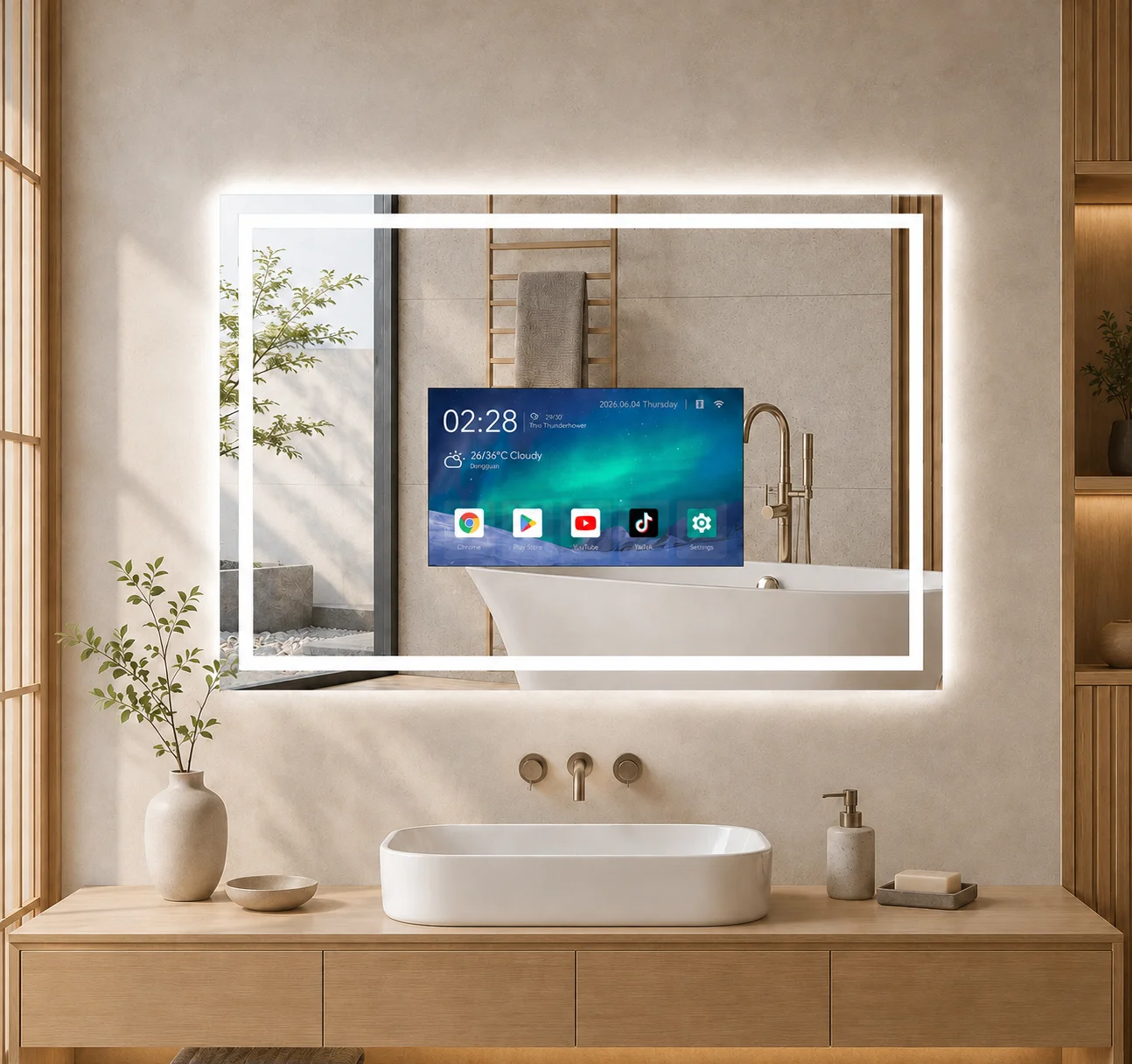 HAOCROWN Customize Android Smart Bathroom Mirror With Built-In TV Display And LED Backlight For Hotel And Home Use