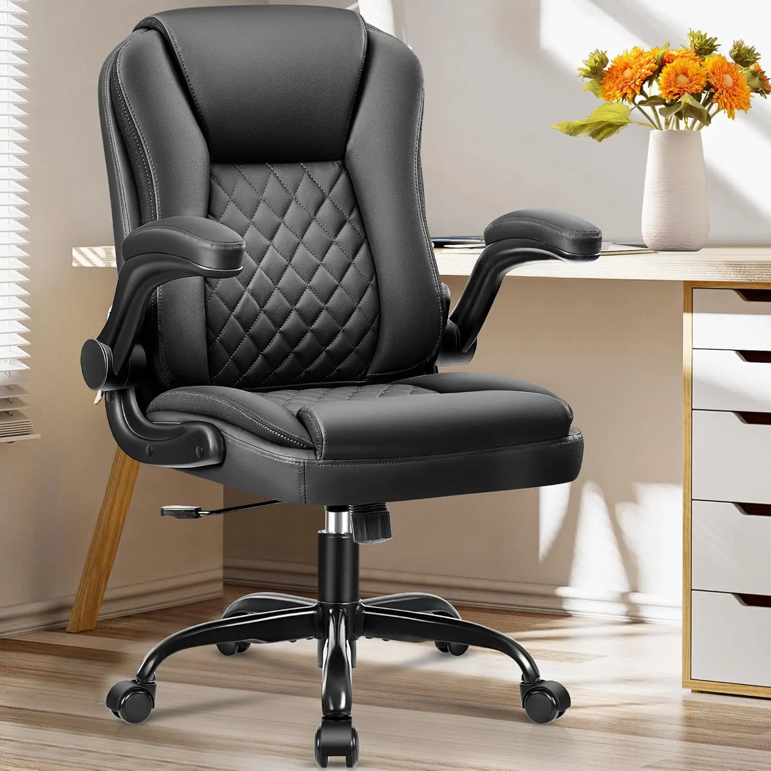 

Chair - Executive Office Desk Chair Leather Ergonomic with Wheels Computer Task Work Chair with Lumbar Support and Flip up Armre