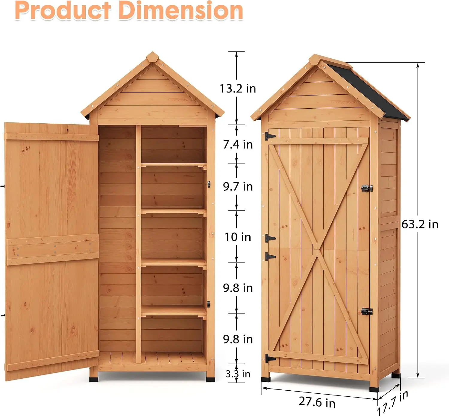 Waterproof Outdoor Wooden Storage Shed – 63-Inch Vertical Cabinet with 4 Shelves & Lockable Door, Space-Saving Garden Tool Storage for Patio, Yard, and Lawn