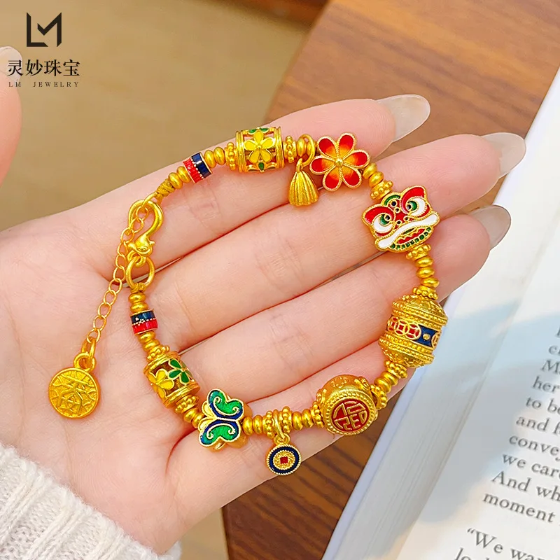 

9999 24K real gold burnt blue enamel safe lion dance bracelet small flower road with blessing word bracelet new Chinese style