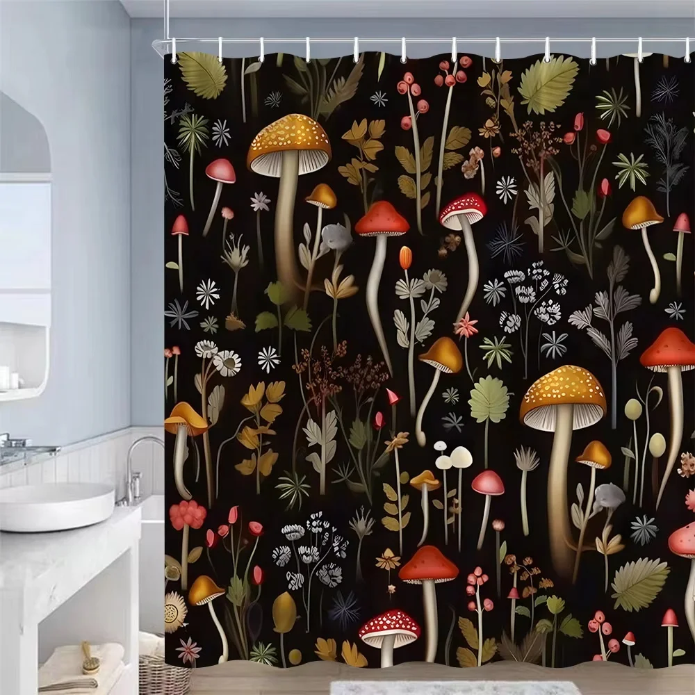 Vintage Mushroom Shower Curtains Nature Forest Woodland Butterfly Plants Flowers Animals Black Bathroom Curtain Decor with Hooks