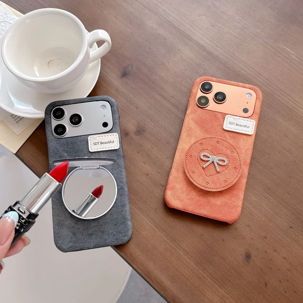 Luxury Denim Fabric Mirror Bow Phone Case for iPhone 17 Pro Max 16 15 14 13 11 Hard Shockproof Slim Protective Cover