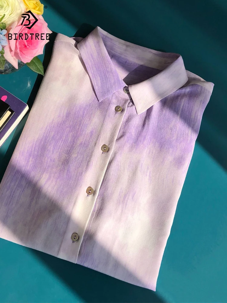 

Birdtree 17.2MM 100%Mulberry Silk Gentle Gradual Shirt Matching Halo Dyed Sand Wash Lapel Long Sleeved Shirt Spring T41309QC