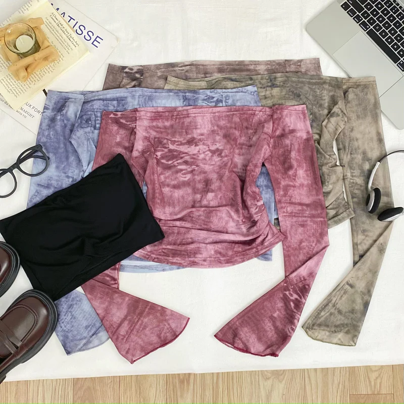 

Summer ort T-irt Set Women's Faion Design Sense Spicy Girl Plaid Dyed Long Sve One-oulder Inner Wear Two-Piece Set