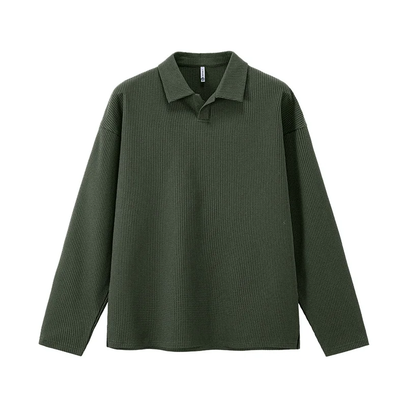 تي شيرت بولو بأكمام طويلة للرجال من New Season مع ياقة النورس - ملابس شارع كاجوال بلون سادة #6