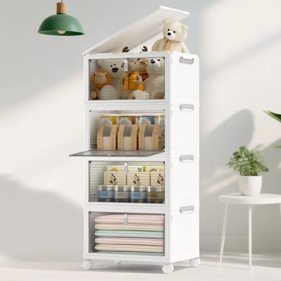 

Storage Bins with Lids,4 Tier Stackable Storage Bins with Drawers,4 Pack Collapsible Plastic Storage Boxes with Wheel1 Lid,23QT