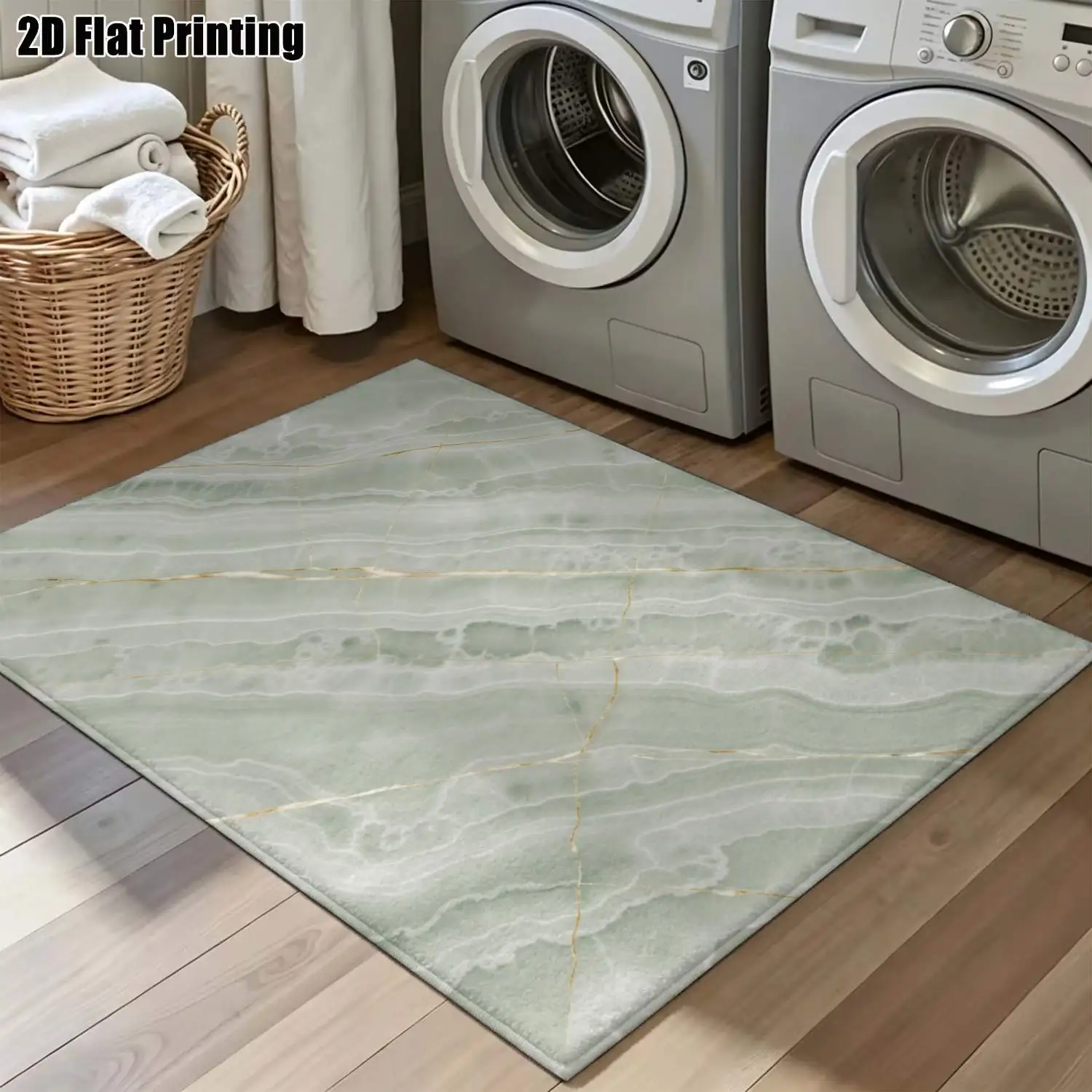 1Pc 2D Printed Carpet: Nordic-Style, Light Green Gold-Plated Pattern, Instagram-Inspired, Machine Washable, Multi-Size, Home Decor Mat for Various Settings